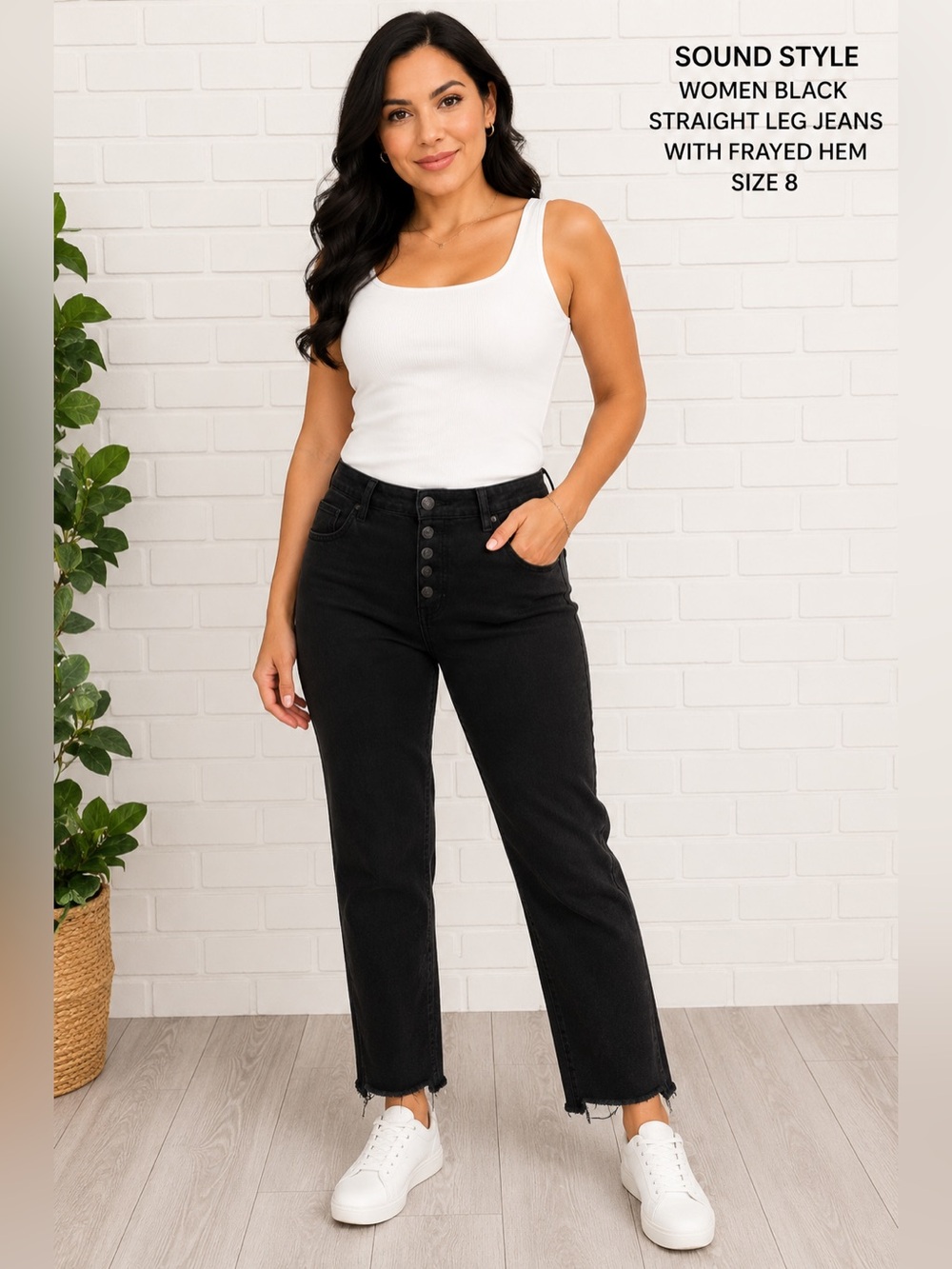SOUND STYLE women black Straight Leg Jeans with Frayed Hem/size 8